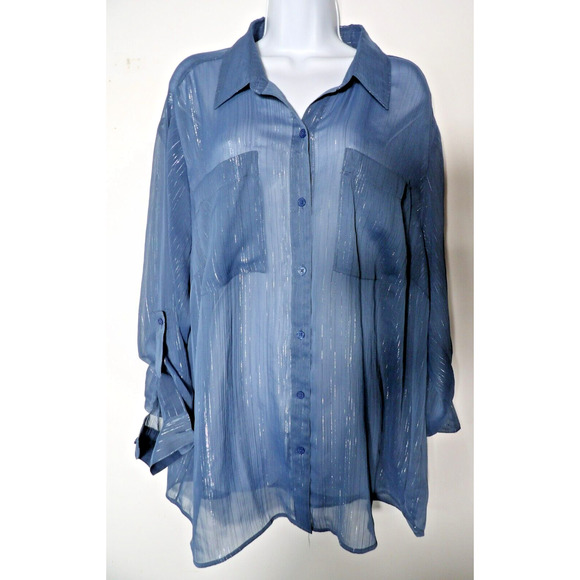 Michael Kors 3X Sheer Sparkly Top Button Up Layers Slate Blue Roll Tab - Picture 2 of 11